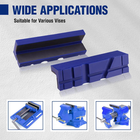Six Inch Magnetic Vise Jaw Pads with TPU Soft Grips, Dual Sided V Groove And Flat Surface shown alongside various vises.