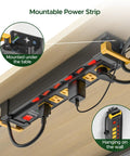 Six Outlet Heavy Duty Power Strip With Individual Switches 3300 Joules Surge Protection 15 Amp Circuit Breaker EMI Filter Built Tough For Home Office Garage Or Workshop mounted under desk