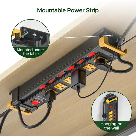 Six Outlet Heavy Duty Power Strip With Individual Switches 3300 Joules Surge Protection 15 Amp Circuit Breaker EMI Filter Built Tough For Home Office Garage Or Workshop mounted under desk