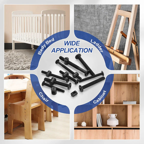 Beefed Up Zinc Plated Carbon Steel Hex Socket Cap Screws Set for Furniture Assembly, shown with furniture like cribs and cabinets.