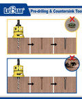 Number Eight Countersink Drill Bit Set With Replaceable HSS Drill, showing pre-drilling and countersinking process in wood.