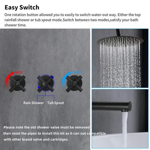 Matte Black Three-Handle Shower Faucet Set With Tub Spout, Wall Mounted Stainless Steel Bath Faucet With Easy Switch Controls