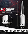 Spike Lug Nuts Set M14x1.5 Chrome 32 Piece For 60 Degree Cone Seats 19mm Hex Closed End Beefed Up Look Fits Silverado Sierra 1500 2500 3500 F150 F250 F350 And Other Aftermarket Wheels, showing 4.4 inch chrome lug nut with 60-degree seat and thread pitch M14x1.5.