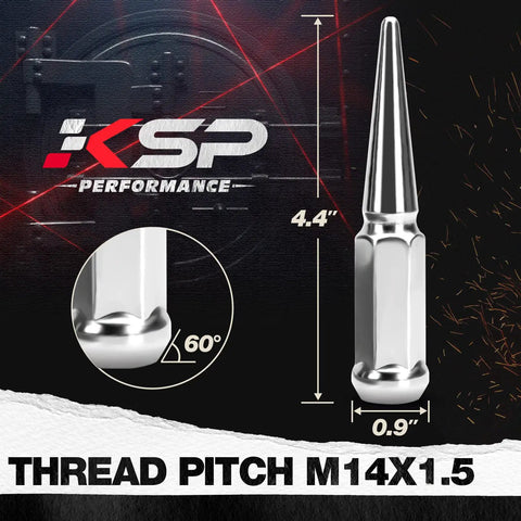 Spike Lug Nuts Set M14x1.5 Chrome 32 Piece For 60 Degree Cone Seats 19mm Hex Closed End Beefed Up Look Fits Silverado Sierra 1500 2500 3500 F150 F250 F350 And Other Aftermarket Wheels, showing 4.4 inch chrome lug nut with 60-degree seat and thread pitch M14x1.5.