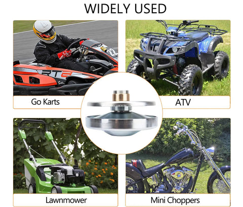 Collage featuring go karts, ATV, lawnmower, and mini choppers, highlighting the versatility of the 30 Series Torque Converter Kit for Go Karts and Mini Bikes, Three Quarter Inch Bore Clutch Driver Pulley, Beefed Up Torque for 212cc Engines, Easy Bolt On Upgrade to Boost Speed, Acceleration, and Overall Power.