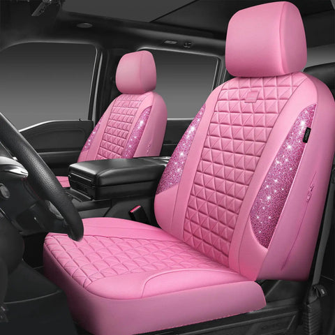 Blinged Out Pink Leather Car Seat Covers Full Set Waterproof Glitter Crystal Rhinestone Sparkle in car interior view