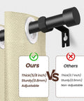 Comparison of Beefy Heavy Duty Black Curtain Rod Set 28 To 48 Inch 2 Pack Five Eighths Inch Diameter Drapery Rods highlighting thickness and sturdiness