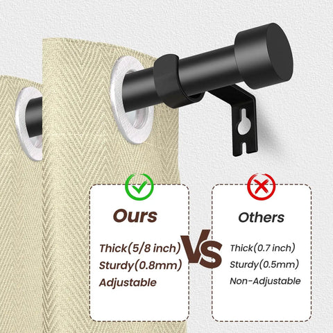 Comparison of Beefy Heavy Duty Black Curtain Rod Set 28 To 48 Inch 2 Pack Five Eighths Inch Diameter Drapery Rods highlighting thickness and sturdiness
