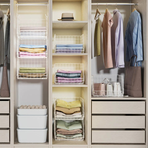 3 Tier Foldable Closet Organizer With Wall Mount And Cabinet Storage Bins, Includes 5 S Hooks, Space Saving Clothes Shelves