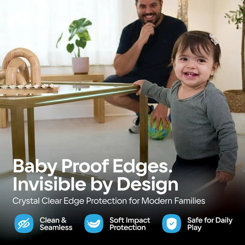 Bonk Free Household Furniture Edge Guard For Baby Proofing And 16 Foot Pre Taped Clear Corner Protectors To Cushion sharp edges on modern table with smiling toddler.