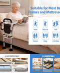 Elderly woman using Bed Rails For Elderly Safety With Two Ergonomic Handles, 18 Level Adjustable Height, beside bed.
