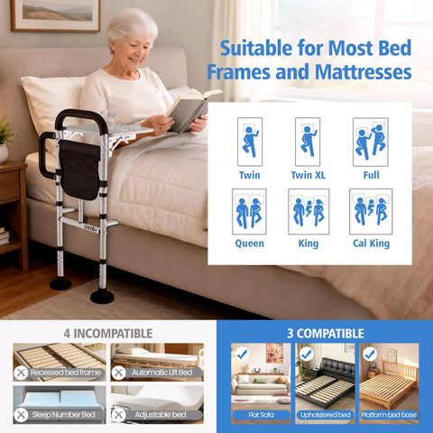 Elderly woman using Bed Rails For Elderly Safety With Two Ergonomic Handles, 18 Level Adjustable Height, beside bed.