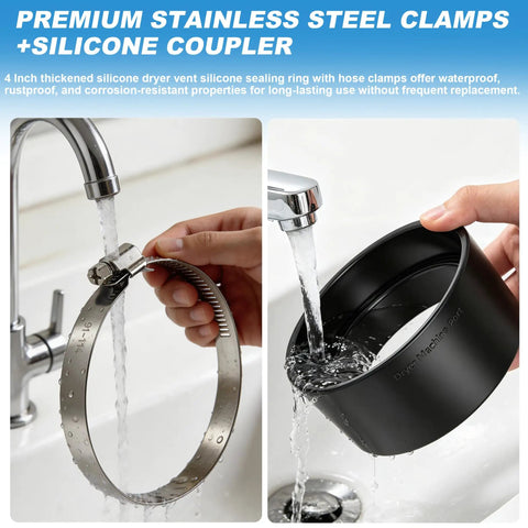 All In One Thickened Silicone Dryer Vent Seal Kit With Two Heavy Duty Stainless Steel Clamps shown under running water