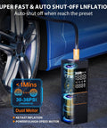 Portable Cordless Tire Inflator With 6000mAh Battery And Digital Pressure Gauge Up To 180 PSI shown inflating car tire