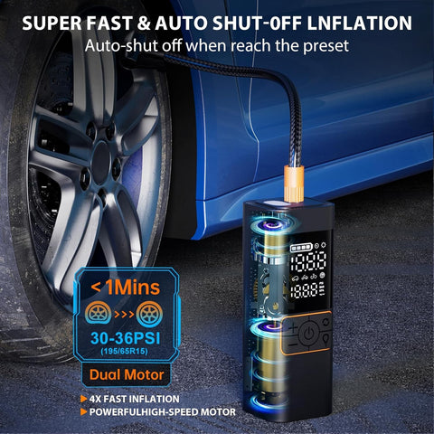 Portable Cordless Tire Inflator With 6000mAh Battery And Digital Pressure Gauge Up To 180 PSI shown inflating car tire