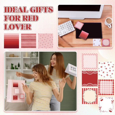 Nine Pack Aesthetic Sticky Notes Set Cute Pastel Self Stick Notepads for Quick Notes and Easy Post Desk Organization Home Office Decor School Supplies Gift for Women Coworkers Red, featuring floral and checkered designs on a desk with a coffee cup.