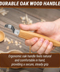 Right Handed Spoon Carving Hook Knife featuring ergonomic oak handle for secure grip, used for kuksa cups and wooden bowls.
