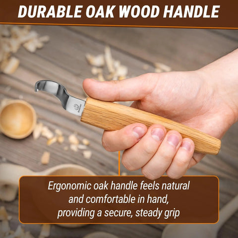 Right Handed Spoon Carving Hook Knife featuring ergonomic oak handle for secure grip, used for kuksa cups and wooden bowls.