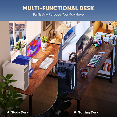 47 Inch Computer Desk For Home Office With Scratch Resistant Wood Top And Solid X Shaped Reinforcement, large workspace split into study and gaming sections, modern wood brown finish.