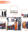 Garage Sports Gear Organizer With Ball Storage Rack And Golf Bag Stand holding sports equipment like helmets and golf bags.