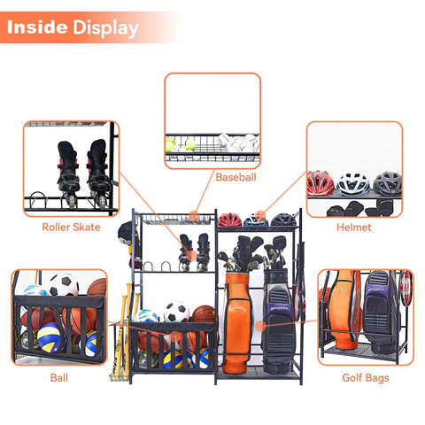 Garage Sports Gear Organizer With Ball Storage Rack And Golf Bag Stand holding sports equipment like helmets and golf bags.