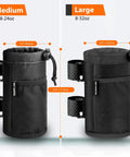 Universal Cup Holder For 8 To 32 Oz Bottles With Net Pockets And Hook And Loop Straps in medium and large sizes side by side