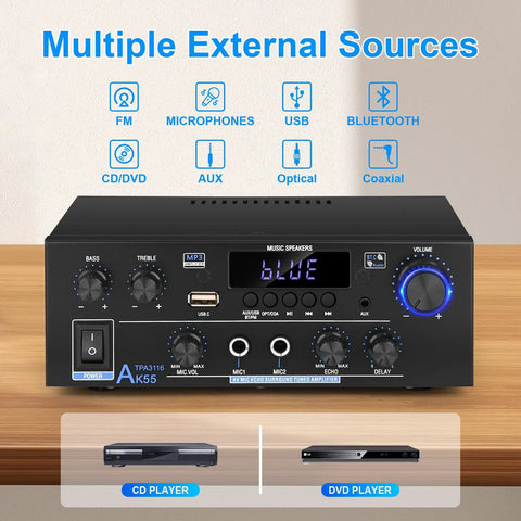Two Channel 500W Bluetooth 5.0 Stereo Audio Amplifier For Home Theater With FM Echo AUX USB SD MIC Optical Inputs
