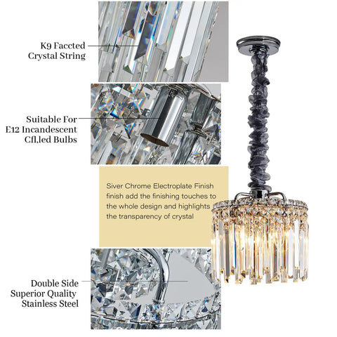 Modern Crystal Chandelier With K9 Crystals And Warm Gold Frame, 4 Light Flush Mount Ceiling Fixture In Chrome Finish Details