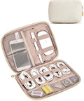 Beige Travel Electronics Organizer Case For Women, Slim Cord Keeper And Cable Pouch For Phone, SD Cards, Earbuds, 9.8x6.7x1.4 inches.