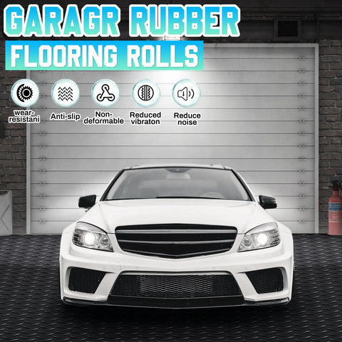 Heavy Duty Diamond Plate Rubber Flooring Roll 12 Inch By 20 Foot Non Slip Garage Mat in a garage with parked white car