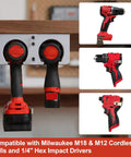 Double Slot Wall Mount Drill Holder For M18 M12 Cordless Drills And Impact Drivers installed on wall, holding two drills