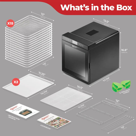 Kickass Food Dehydrator With Fifteen Extra Large Stainless Trays For Making Badass Beef Jerky And Crispy Dog Treats, showing tray sizes and components.
