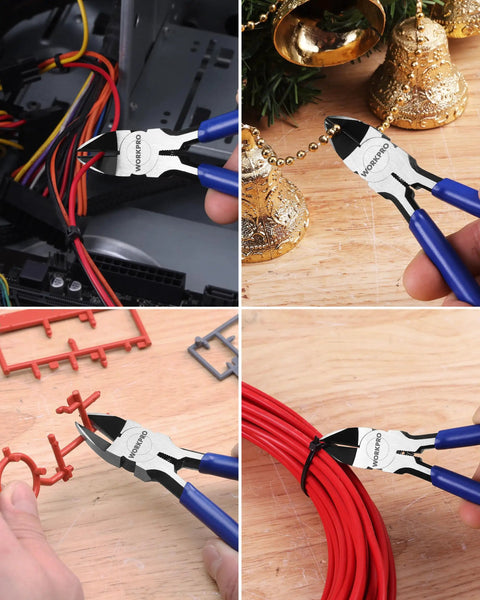 Six Piece Wire Cutters Set With Six Inch Precision Flush Cutters Plus Side Cutters used to cut wires and zip ties in various settings.