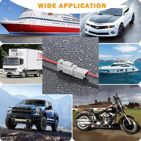 2 Pin Waterproof PA66 Nylon Electrical Wire Connector Kit 16 AWG used in cars, trucks, motorcycles, marine, boat applications.