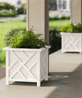 White Two-Pack Lattice Outdoor Planter Boxes 15.5 Inch Square 16.5 Inch Tall for Front Porch Patio Garden Decor with ferns