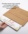 Roomy 13 Inch Baby Shower Gift Bag With Pink Tissue Paper Gift Card And Bow Featuring A Babysuit Banner in kraft folder