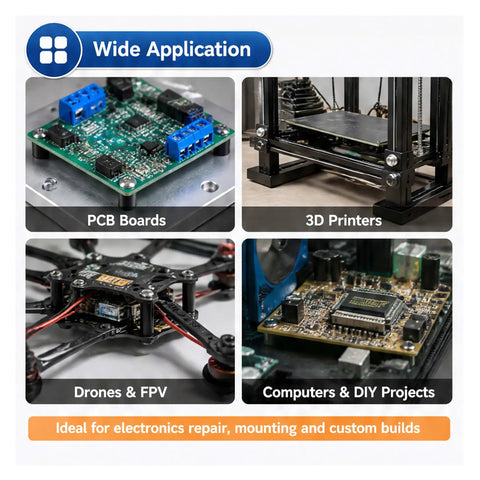 Three Hundred Piece Abs Round Spacers Kit For PCB Boards Electronics Standoff Hardware Various Sized Hella Durable Plastic Mounting Accessories Pro Level Setup For Smooth Circuit Board Assembly And Rigged Up Custom Builds, shown on PCB boards, 3D printers, drones, and computers.