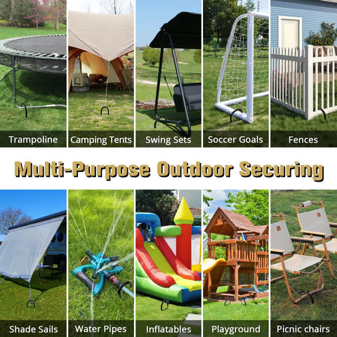 Heavy Duty Trampoline Stakes 12 Inch U Shaped Ground Anchors securing multiple outdoor setups in garden
