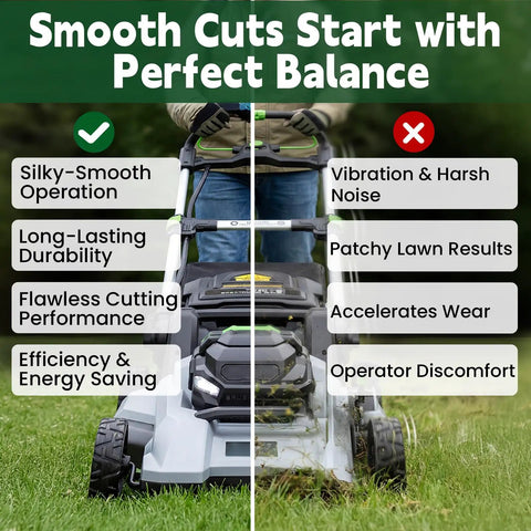 Front view of lawn mower illustrating benefits of AB2101D 21 Inch Mulching Lawn Mower Blade Kit For EGO Select Cut 56V Mowers Replacement Heavy Duty Dual Blade System For LM2130 LM2130SP LM2133 LM2135SP LM2150SP LM2156SP.