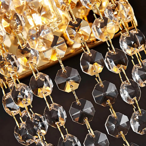 Close-up of Brass Wall Sconce With Crystal Strings And Glass Bars Dimmable Two Layer Light Head Adjustable Beam Lit Glam Lighting