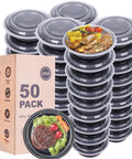 Stacked Meal Prep Containers With Lids 50 Pack 32 Ounce Round To Go Food Storage Bowls BPA Free, box and meal on top container.