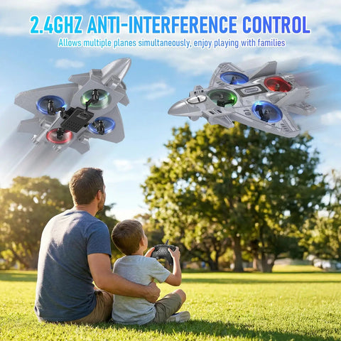Father and son playing with Rad Remote Control Plane With Lights And 360 Degree Flips Foam RC Toy outdoors