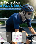 Cyclist wearing grey Balaclava Ski Mask With UPF 30 Plus Sun Protection, showing gear effectiveness and UV protection card.