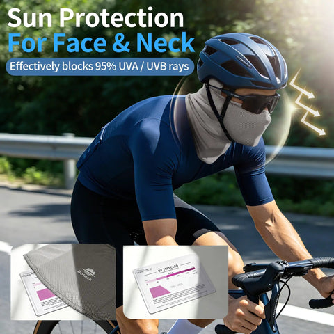 Cyclist wearing grey Balaclava Ski Mask With UPF 30 Plus Sun Protection, showing gear effectiveness and UV protection card.