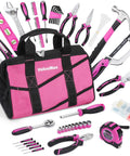 Pink 218-Piece Go-To Home Repair Tool Kit With Wide Mouth Storage Bag For DIY Projects displayed with tools