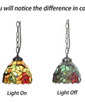 Grape Tiffany Style Stained Glass Ceiling Pendant Light With Seven Inch Lampshade And Bronze Chain, light on and off views