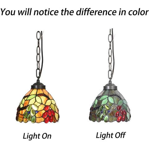 Grape Tiffany Style Stained Glass Ceiling Pendant Light With Seven Inch Lampshade And Bronze Chain, light on and off views