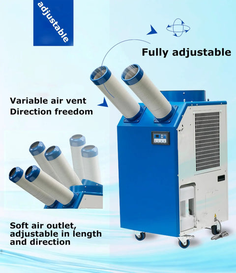Heavy Duty 220V Industrial Air Conditioner Featuring Dual Adjustable Ducts And Intelligent Digital Panel Portable Spot Cooler with twin ducts and digital controls.