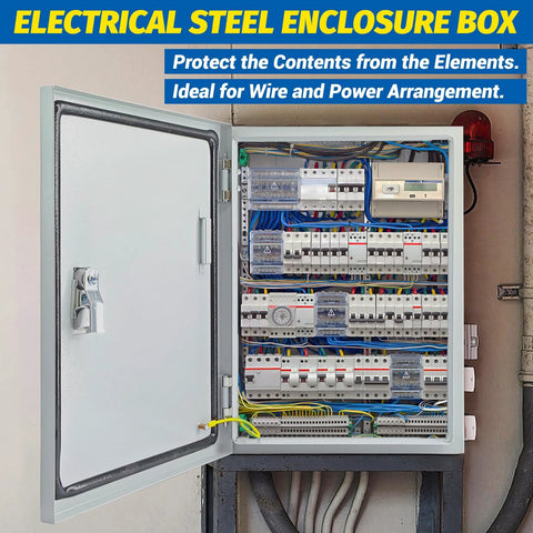 Front view of a gray 16 x 12 x 8 in steel electrical enclosure with door open, interior showing circuit breakers.