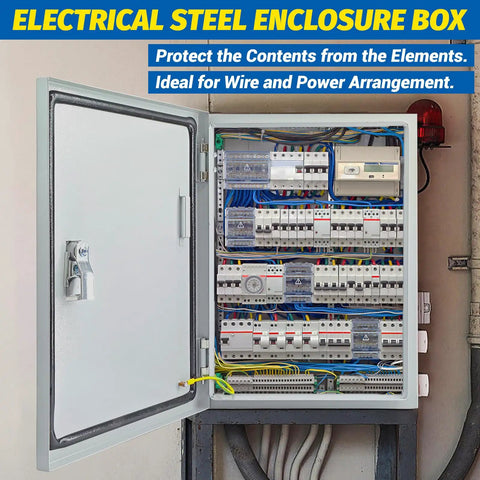 Heavy Duty NEMA 4X Steel Electrical Junction Box Waterproof Dustproof Wall Mounted Indoor Outdoor Enclosure With Lock And Mounting Plate Hella Durable Construction For Rough Jobs with opened door showing wiring.